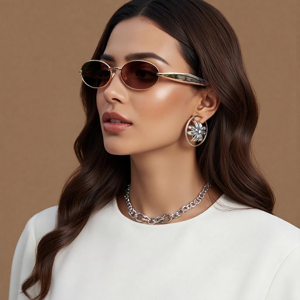 FEISEDY Retro Oval Sunglasses Women Men - Gold Metal Chunky Frame, UV400 for Driving & Daily Wear B0312 - Image 2