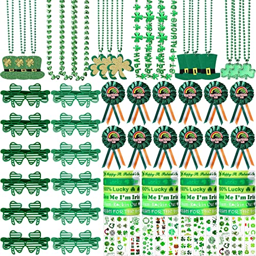 St. Patrick's Day Party Favor Accessories Decoration Set Bulk, Green Shamrock Necklaces, Rubber Wristbands, Irish Badges, Tattoo Stickers, Eyeglasses Kid Class Party School Home Costume (121 Pieces) #TOP7