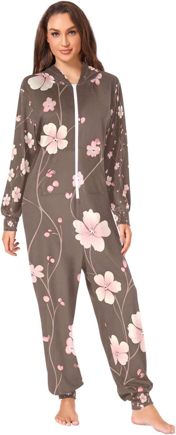 Pink Cherry Blossom Flower Pattern Unisex Adult Onesie Pajamas Comfy One Piece Costume Jumpsuits Novelty Sleepwear Homewear for Men Women