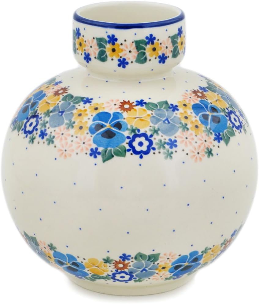Polmedia Polish Pottery Vase UNIKAT - Pansy Wreath Pattern Handmade in Boleslawiec Poland by Ceramika Artystyczna + Certificate of Authenticity