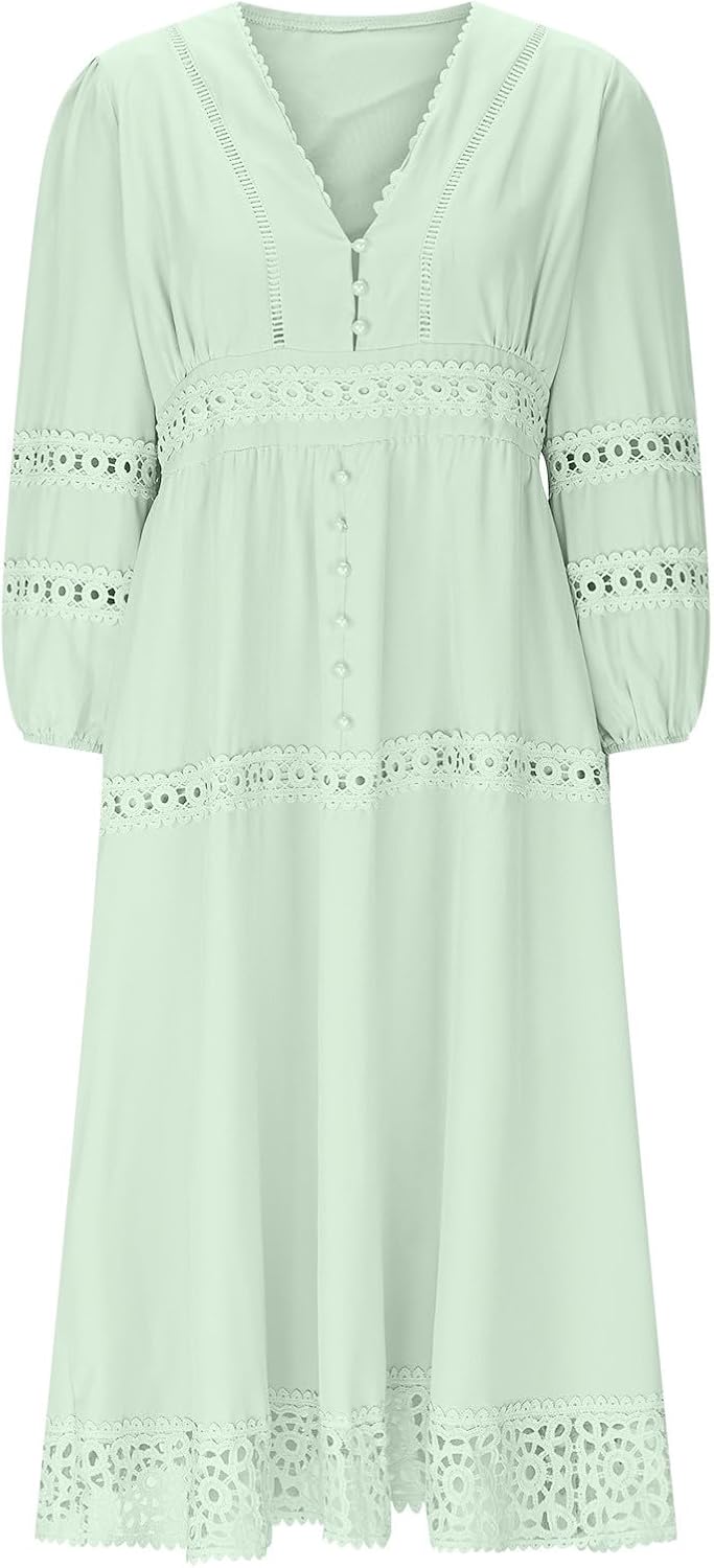 Vintage V Neck Fall Dress for Women Lace Long Sleeve Midi Dresses Loose Fit Solid Color Beach Vacation Travel Outfit