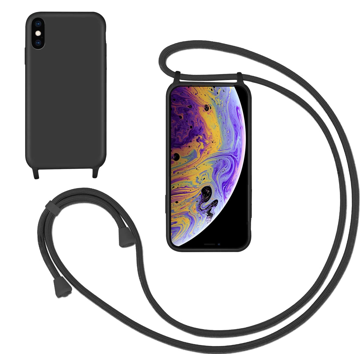 GoodcAcy Cover con Collana per iPhone X/iPhone XS,Custodia Silicone Liquido con cordini,Custodie con Regolabile Collana Antiurto AntiGraffio Case con Laccio Tracolla per iPhone X/iPhone XS,Nero