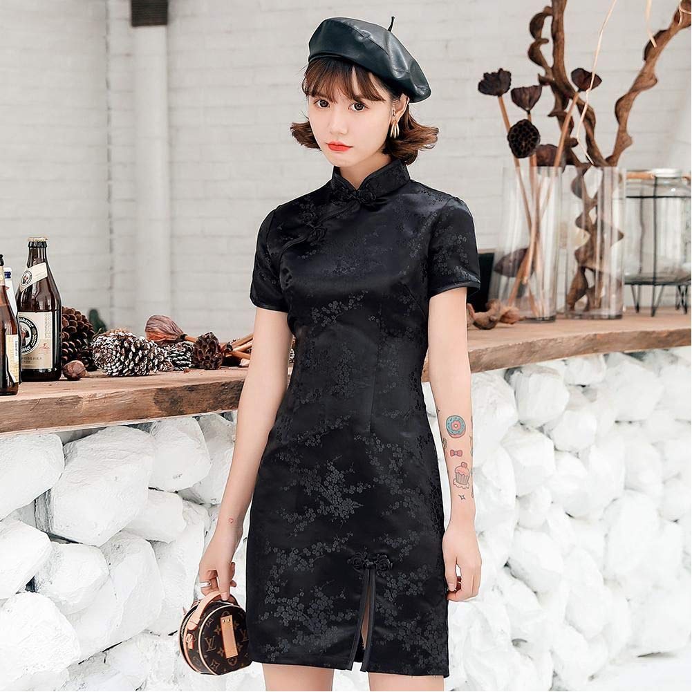 Chinese Female Satin Dress Elegant Slim Plus Size Qipao Mandarin Collar  Cheongsam Sexy High Split Formal Dress : Buy Online at Best Price in KSA
