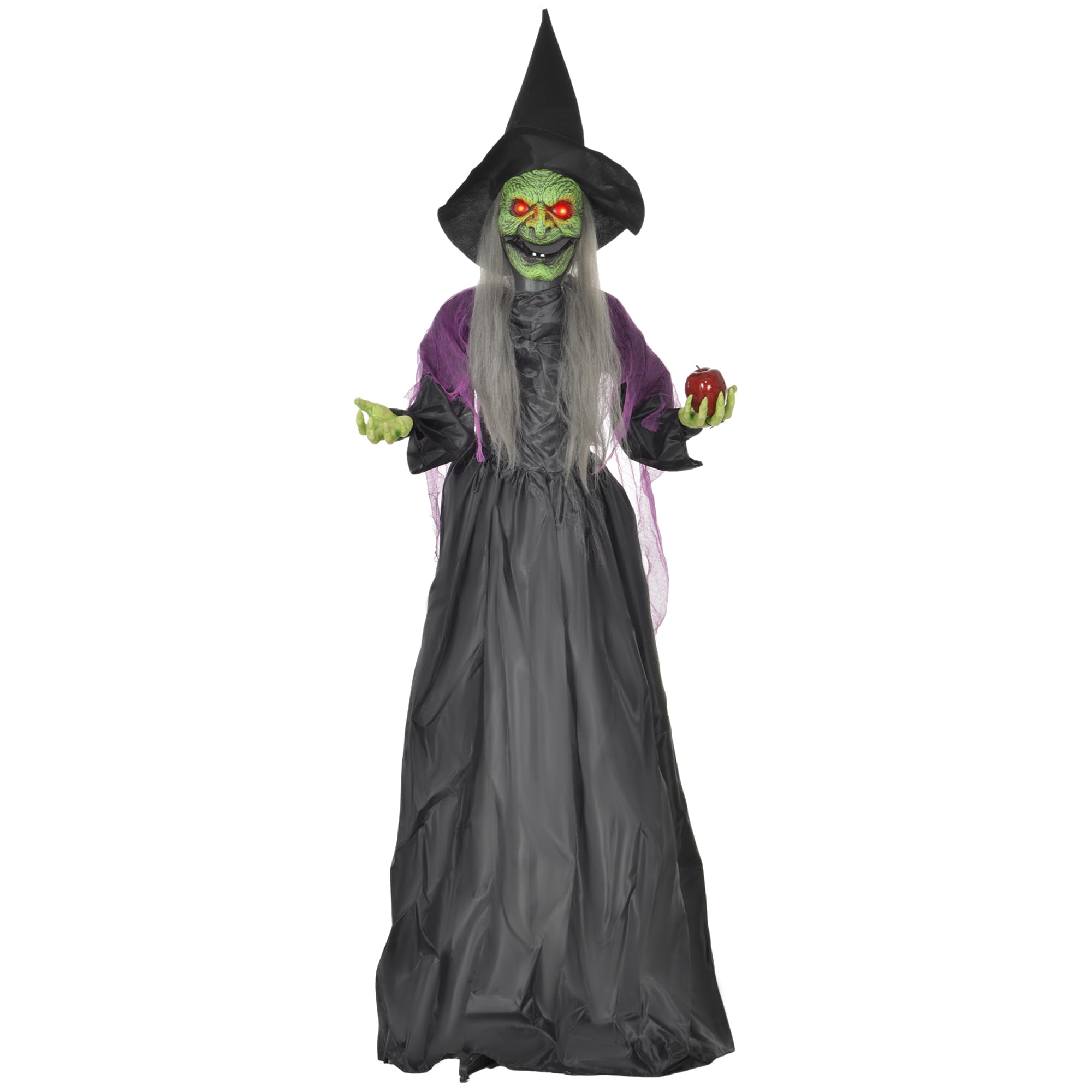 HOMCOM 180 cm Life Size Halloween Animated Standing Witch with Glowing LED Eyes, Spooky Witch Scary Halloween Decorations, Battery Operated, Indoor Party Props