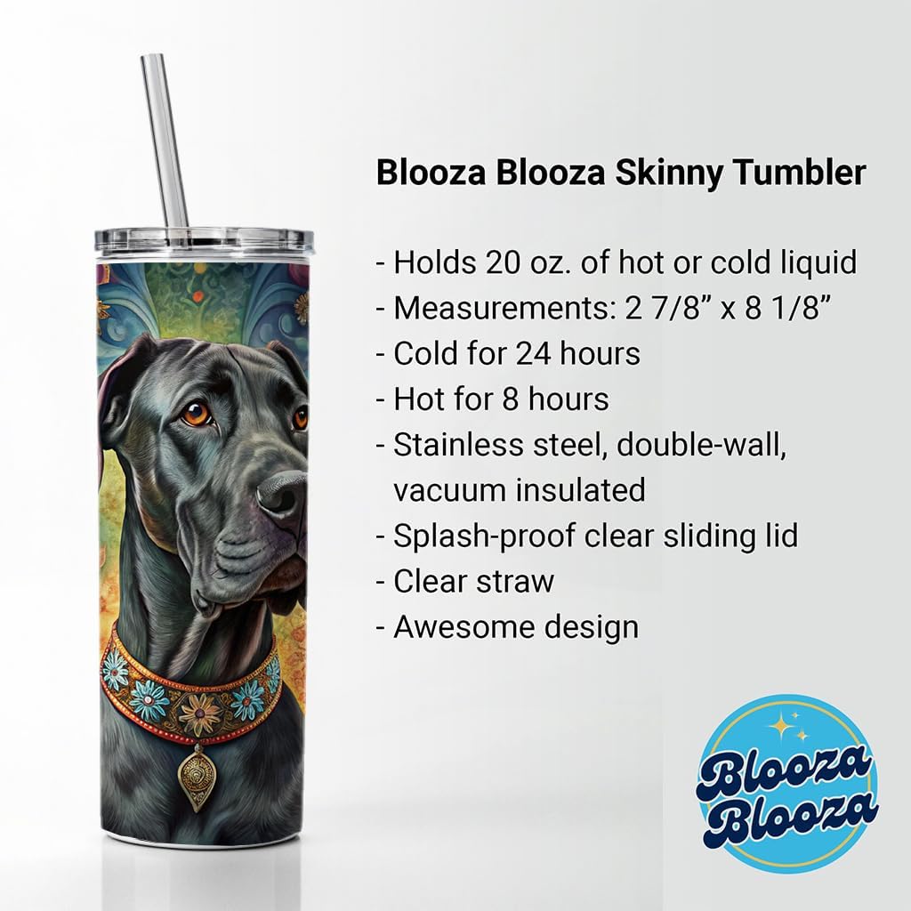 Great Dane Dog French Bohemian Art Skinny Tumbler 20oz with Straw Insulated Water Bottle Gift
