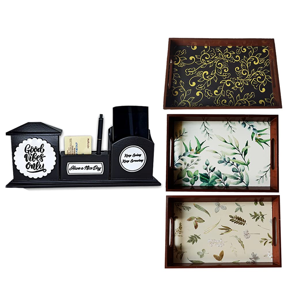 Angira handicrafts Wooden Desk Organizer, Pen Stand with Mobile Stand along with Slip Holder,Office desk organizer (Happy birthday) along with Digital Print Tray
