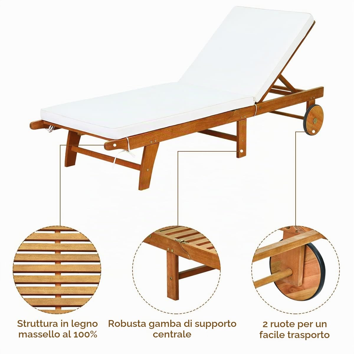 GIANTEX Lettino Prendisole Pieghevole in Legno con Schienale Regolabile | Lettino da Giardino con 2 Ruote, Cuscino, Portata Fino a 160 kg, 195x68x90-30cm