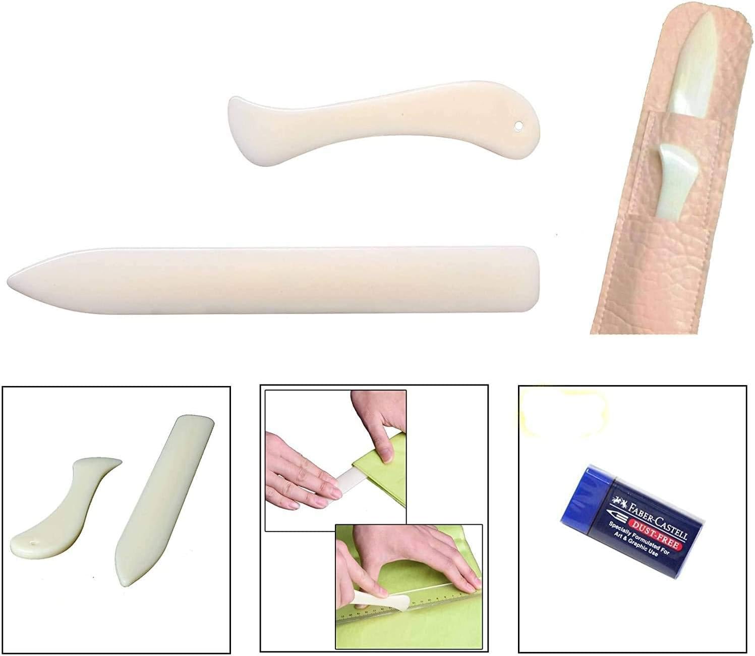 Bone folder and scoring tool Paper Creaser Set of 2 Pieces with Leather Pouch and Free Dust Free Eraser for Art & Graphic Use