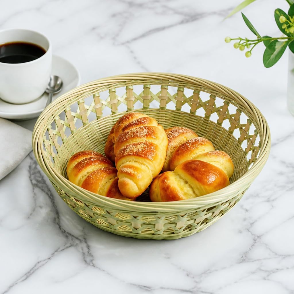 Handwoven Natural Bamboo Basket, Round Fruit Bowl for Kitchen Home Storage