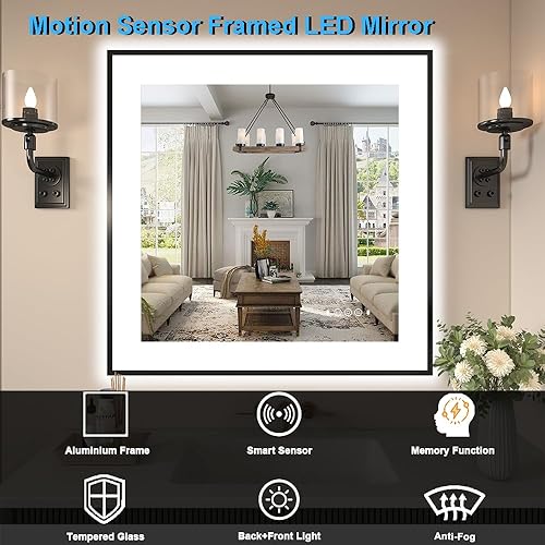 Miniatura 8 de Espejo LED cuadrado de 36 x 36 pulgadas para pared de baño, espejos de tocador iluminados con marco negro, luz frontal + retroiluminación,