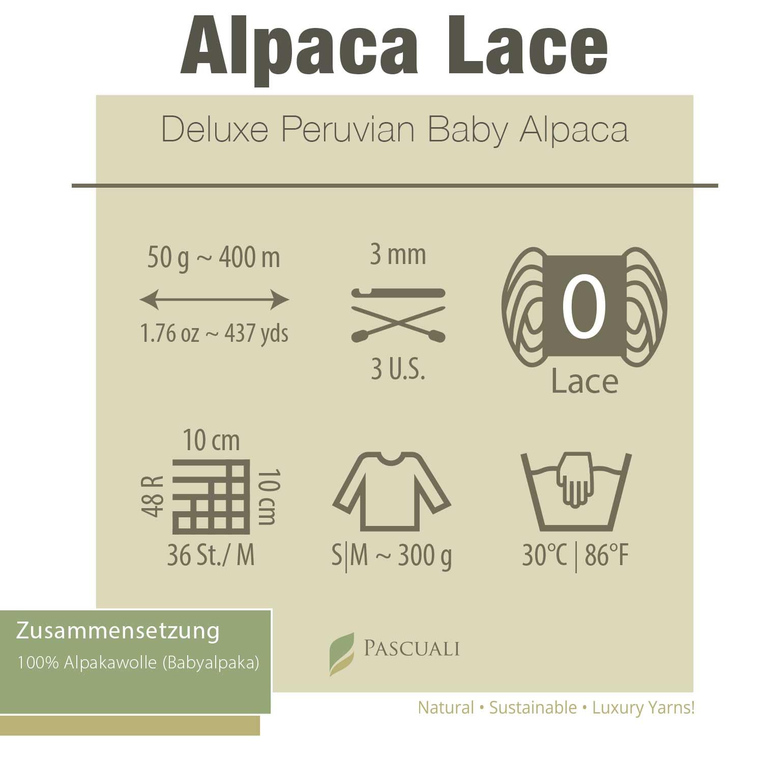 PASCUALI Alpaca Lace - Gomitolo di lana di alpaca, 100% lana di alpaca, per lavorare a maglia e all'uncinetto, set da 3 fili, 150 g, colore: noce 34