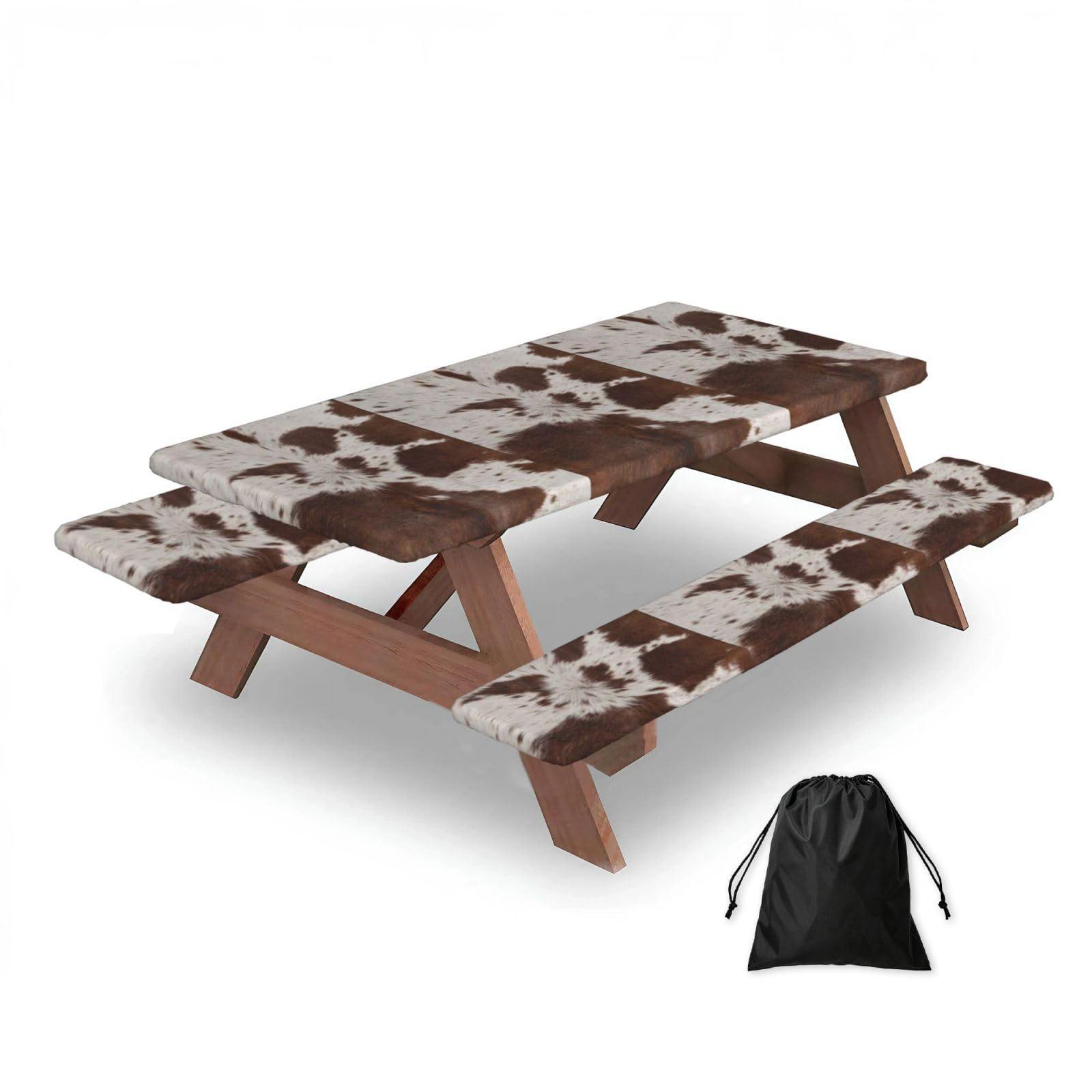 Dopklna As Picture Cow Cowhide Print, Picnic Table Cover With Bench Covers -Waterproof Elastic Fitted Tablecloth For Garden Camping Patio 76X152cm