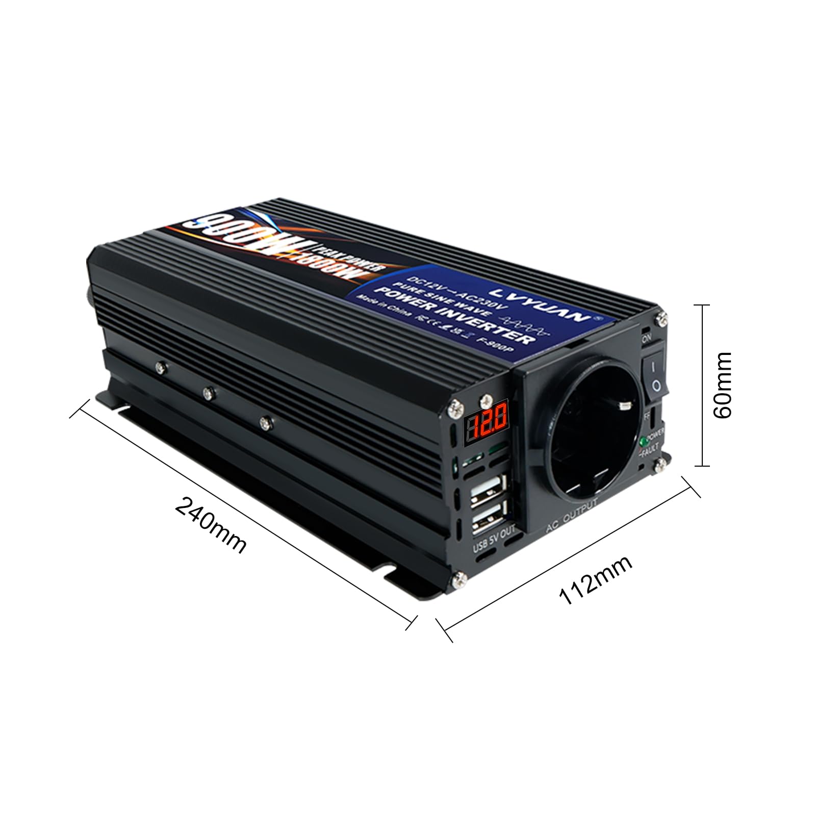 LVYUAN Convertisseur 12V 220V 900W/ 1800W Pur Sinus Onduleur à Onde Sinusoïdale Pure avec 1 Prise UE et 2 Ports USB, convertisseur de Courant pour Voiture, Caravane, Bateau, Camping