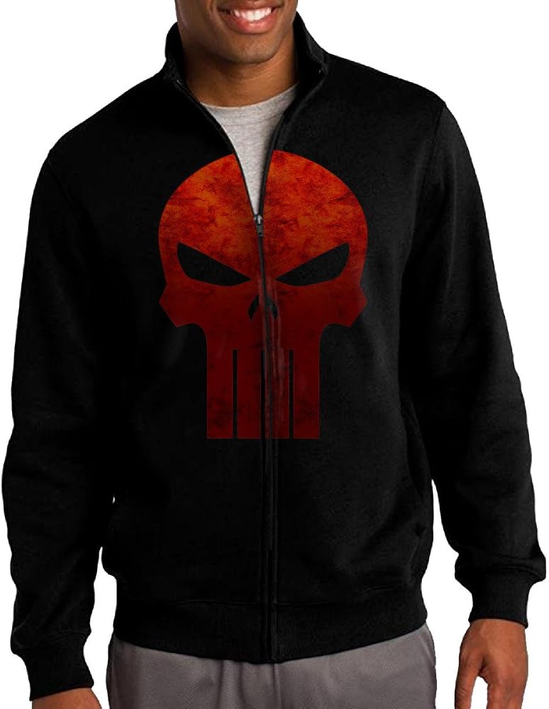 Men Red Punisher Logo Zip-up Jacket Hooded Sweatshirt Black