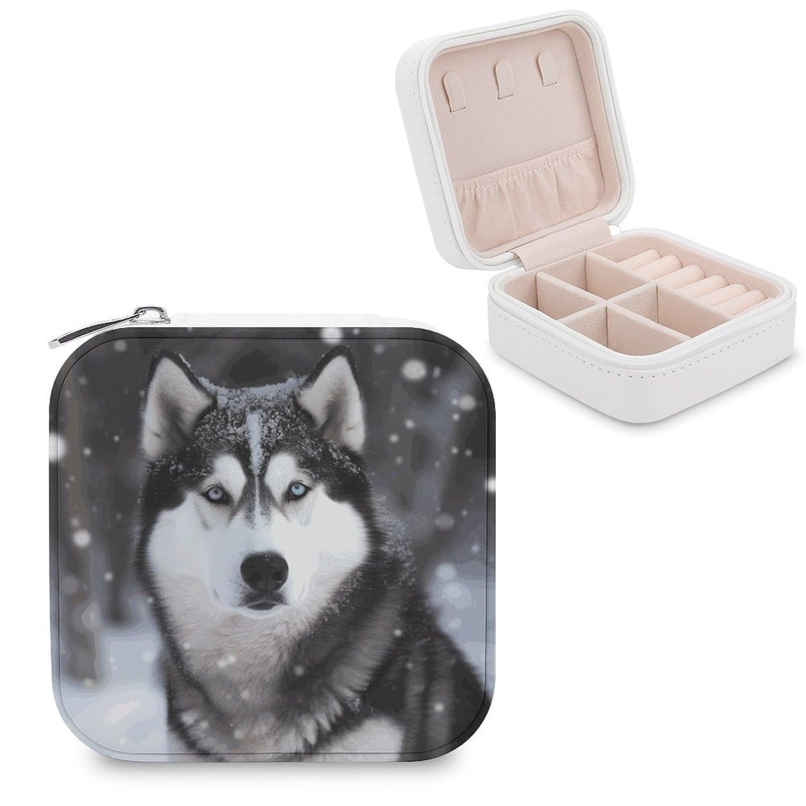 JTREHY Travel Husky In Snow Dog Jewelry Case Portable Display Storage Box PU Leather Mini Jewelry Travel Case Personalized Travel Jewelry Organizer Small Jewelry Box for Women