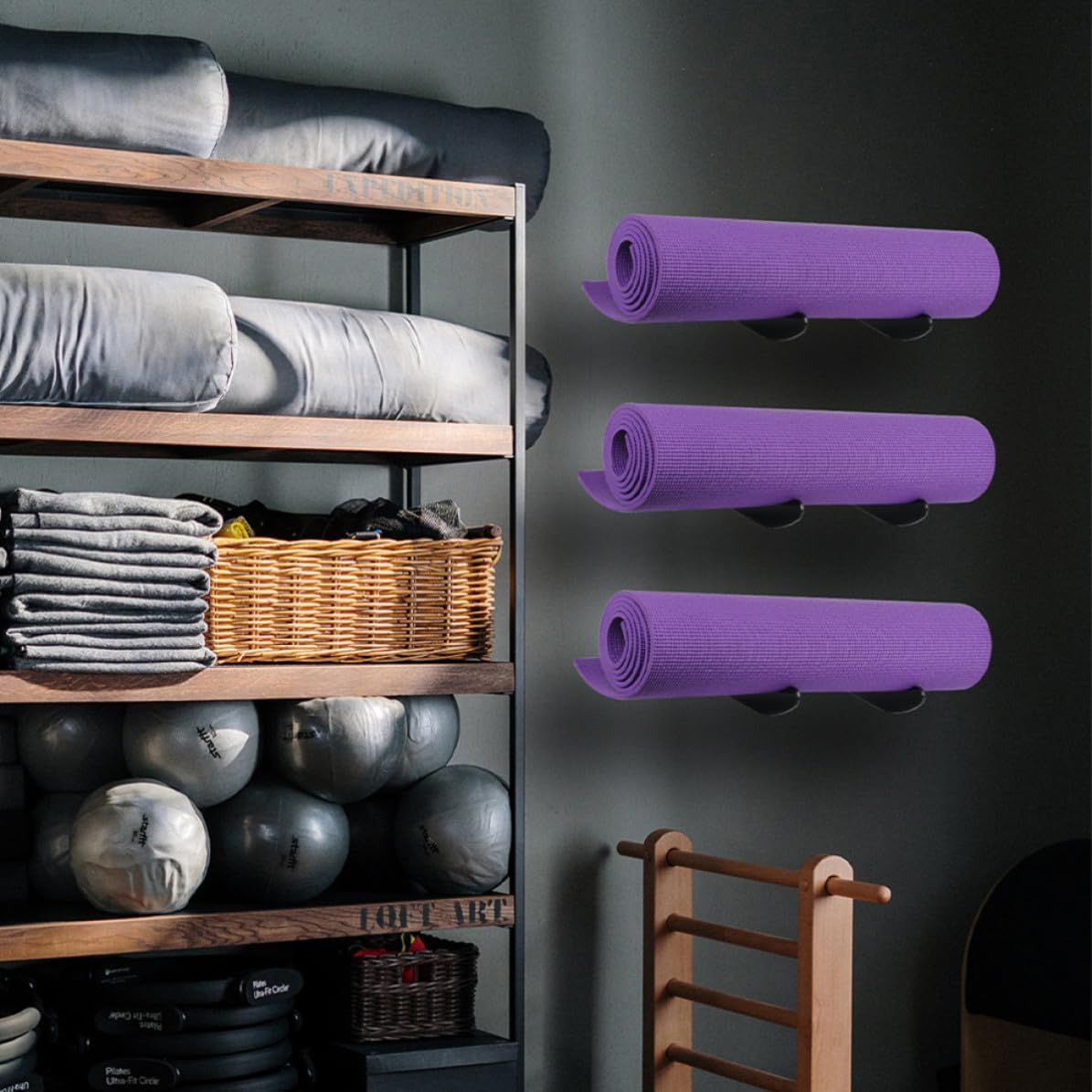 Yoga Mat Storage Rack Wall Mount Stand 2pcs Black Acrylic Solid and Stable Waterproof Yoga Mat Holder with Tension Ring for Cord Coil for Bathroom and Gym image 5