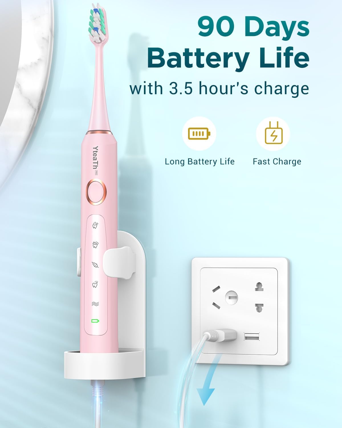 YTEATH PRO Electric Toothbrush charging on a wall mount