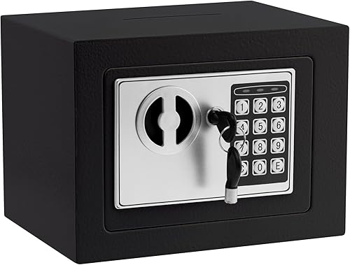 Pequeña caja de seguridad electrónica con teclado digital y llaves, 9.05 x 6.7 x 6.7 pulgadas, caja fuerte de pared de 0.23 pies cúbicos, mini caja