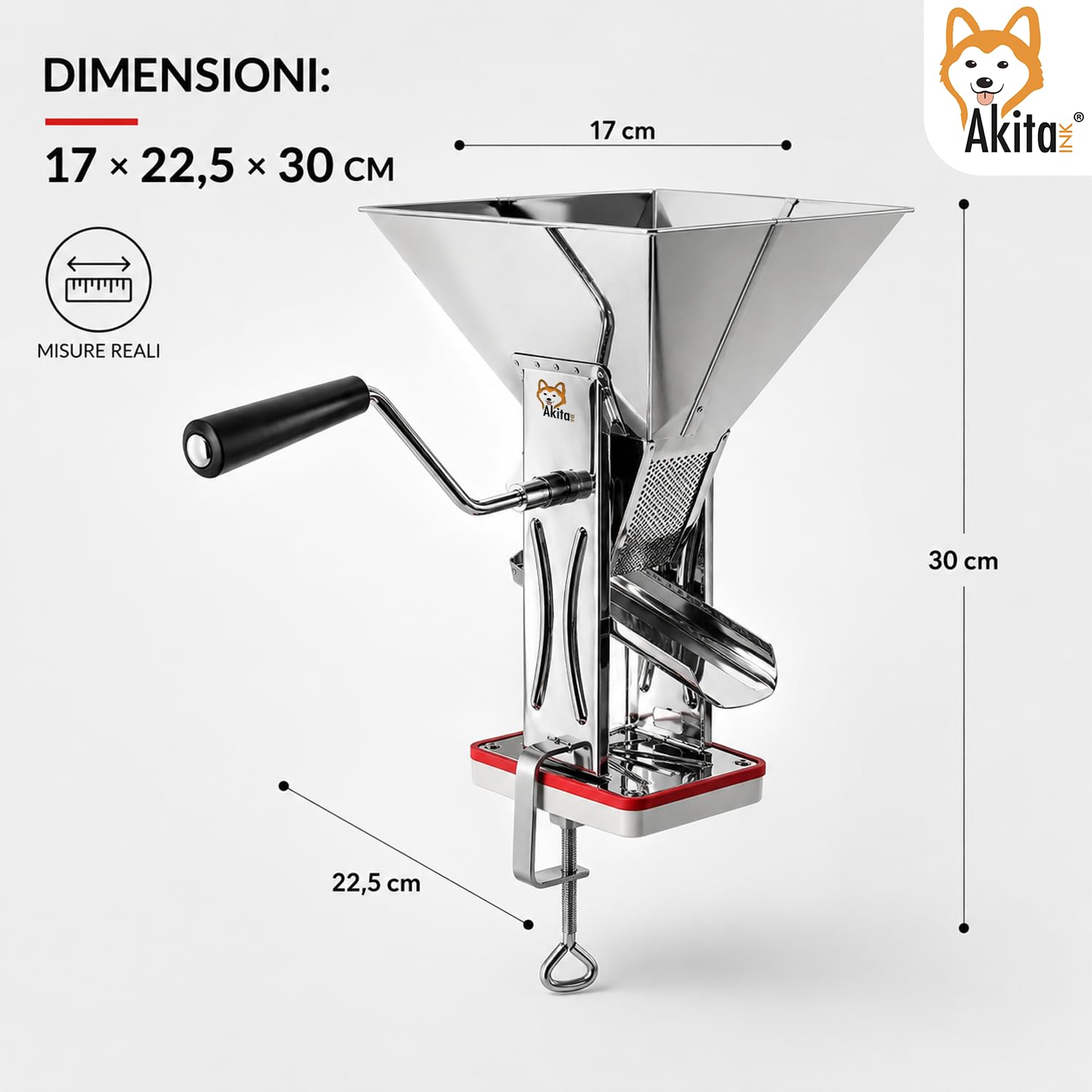 Akitaink Spremipomodoro Manuale in Acciaio Inox 18/C, Passapomodoro con Morsetto Fissaggio, Rullo in Alluminio e Retina Inox 18/10