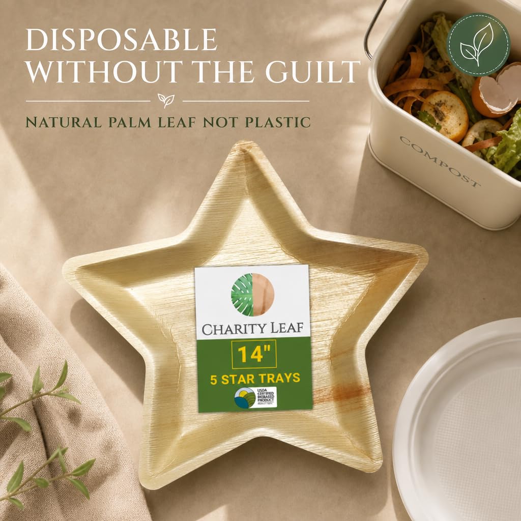Charity Leaf Platos desechables de hoja de palma de 14 pulgadas (5 piezas), platos de servir similares al bambú, tablas desechables, vajilla ecológica para Navidad, bodas, catering, eventos