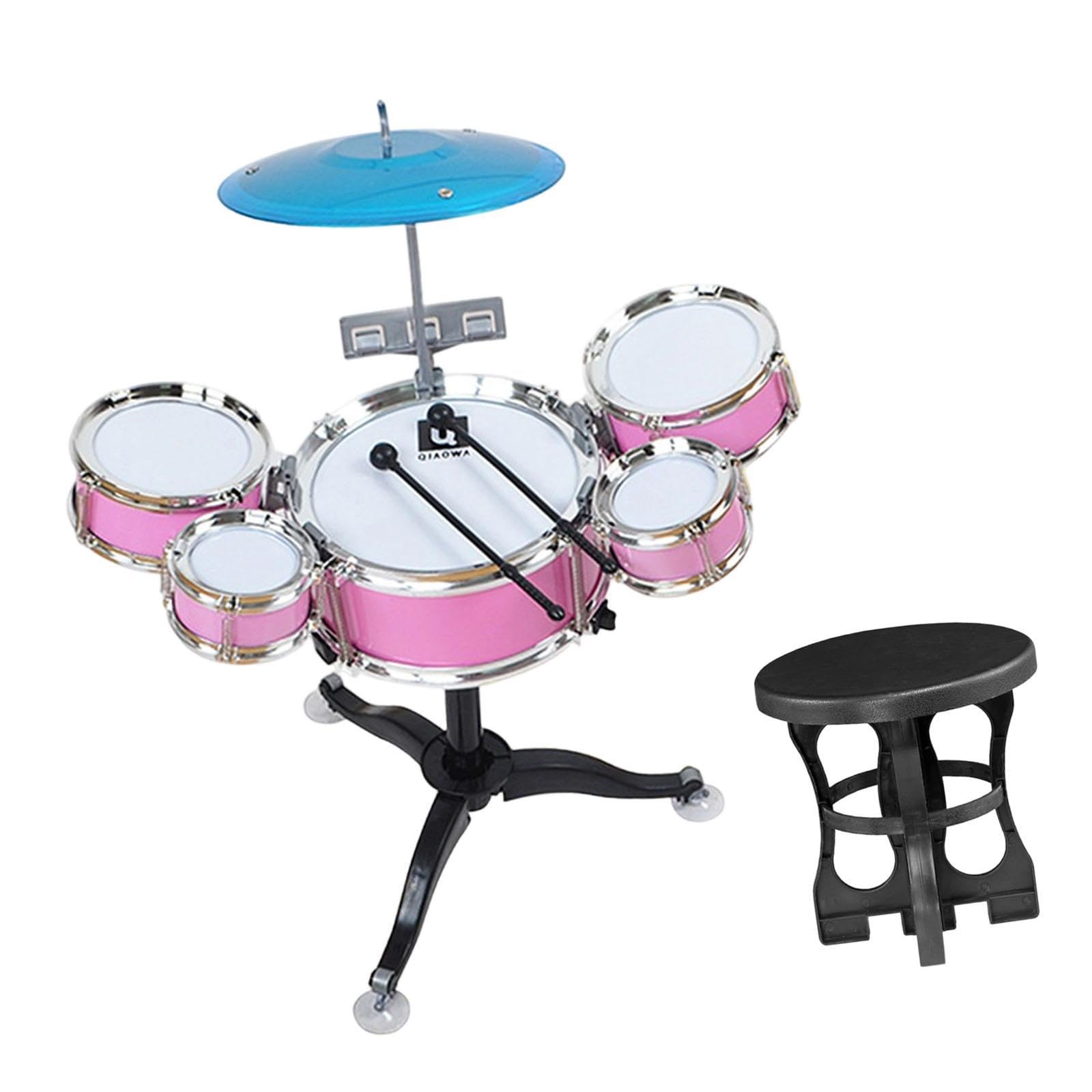 Fenteer Kids Drum Set Educational Toy 5 Drums Simulation Music Instrument with Stool Fun and Playful Kindergarten Gift Jazz Drum Kit, Pink