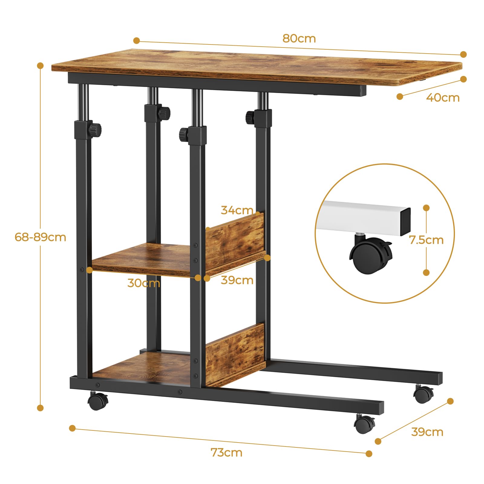 Dripex Mesa Auxiliar con Ruedas para Ordenador portátil, Altura Ajustable, de Madera, para sofá, mesita de Noche, Mesa de café, Dormitorio, salón, Retro