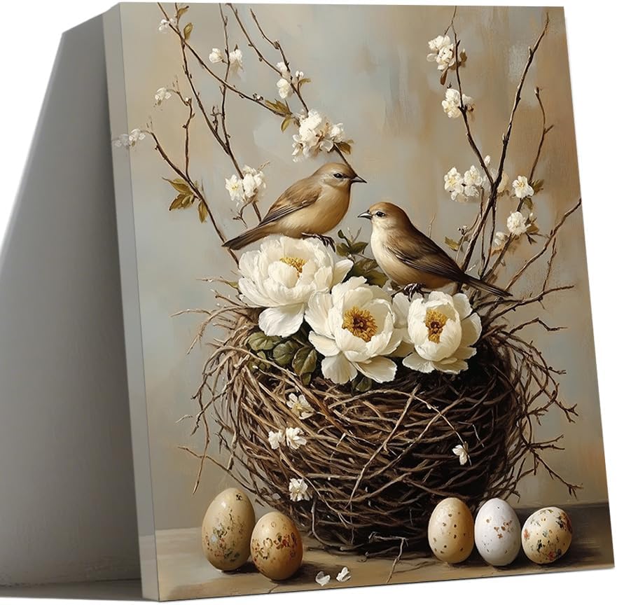 ZQQART Farmhouse Bird's Nest Flower Canvas Wall Paintings Country Birds Eggs Basket Pictures Sparrow Family Wall Decor for Living Room Bedroom Kitchen Decoration (brown,12" Wx18 L)