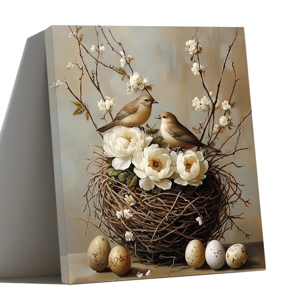 LMYSXAOZ Farmhouse Bird's Nest Flower Canvas Wall Paintings Country Birds Eggs Basket Pictures Sparrow Family Decor for Living Room Bedroom Kitchen Decoration (brown,16" Wx20 L)