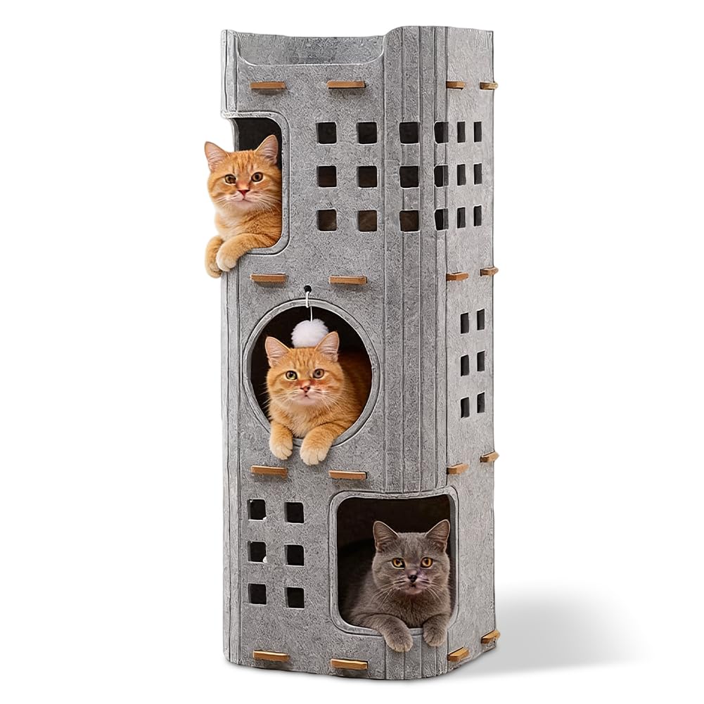 Felt cat cave, cat bed, castle cat house, foldable porous cat bed for sleeping, playing, hiding, winterproof, removable, cosy kitten nest, grey (3 tiers, 90 x 37 x 37 cm)