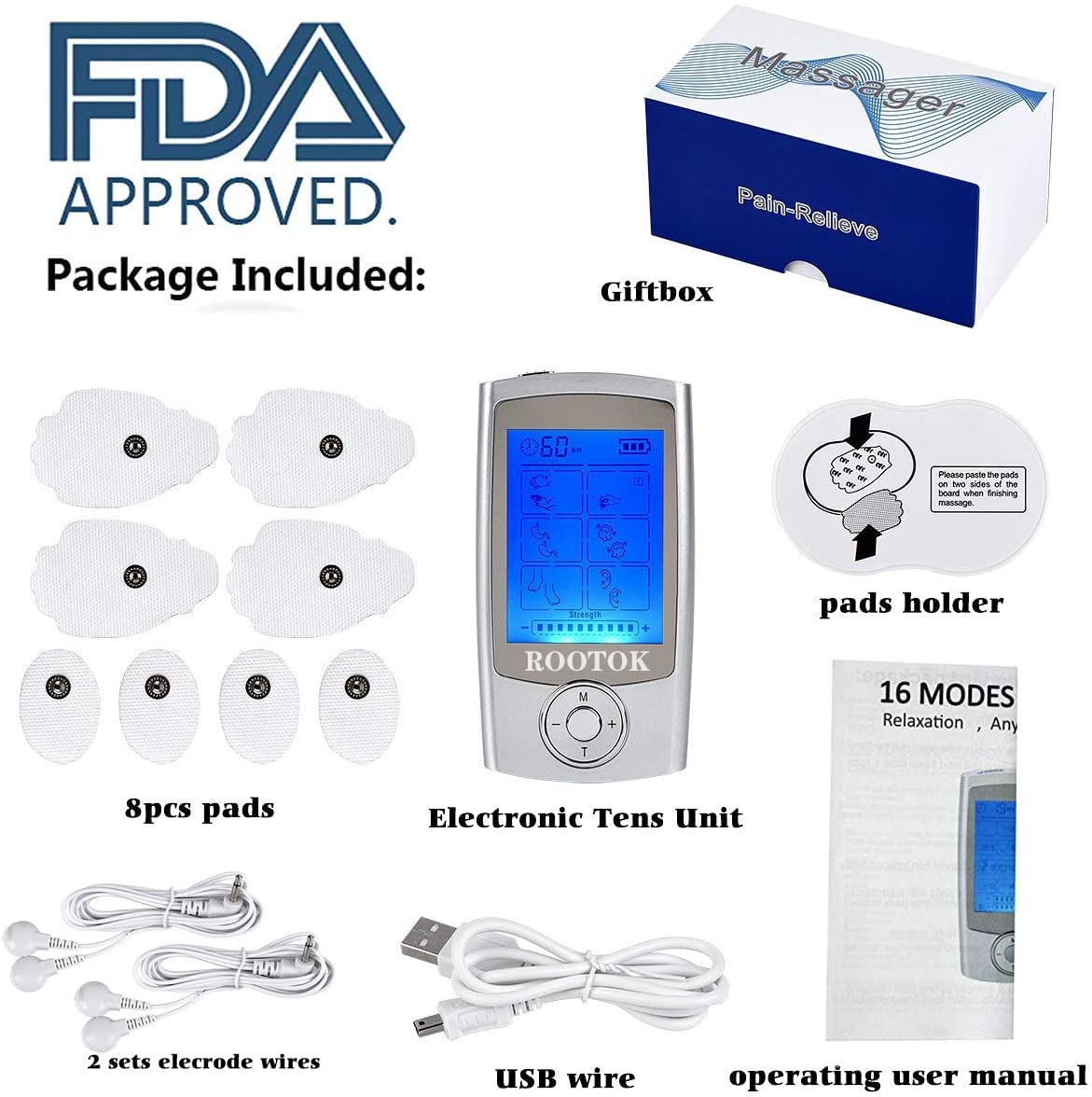 TENS Electroestimulador Digital, para aliviar el Dolor Muscular y el fortalecimiento Muscular, EMS Masaje, Pantalla LCD, 2 Canales, 8 electrodos