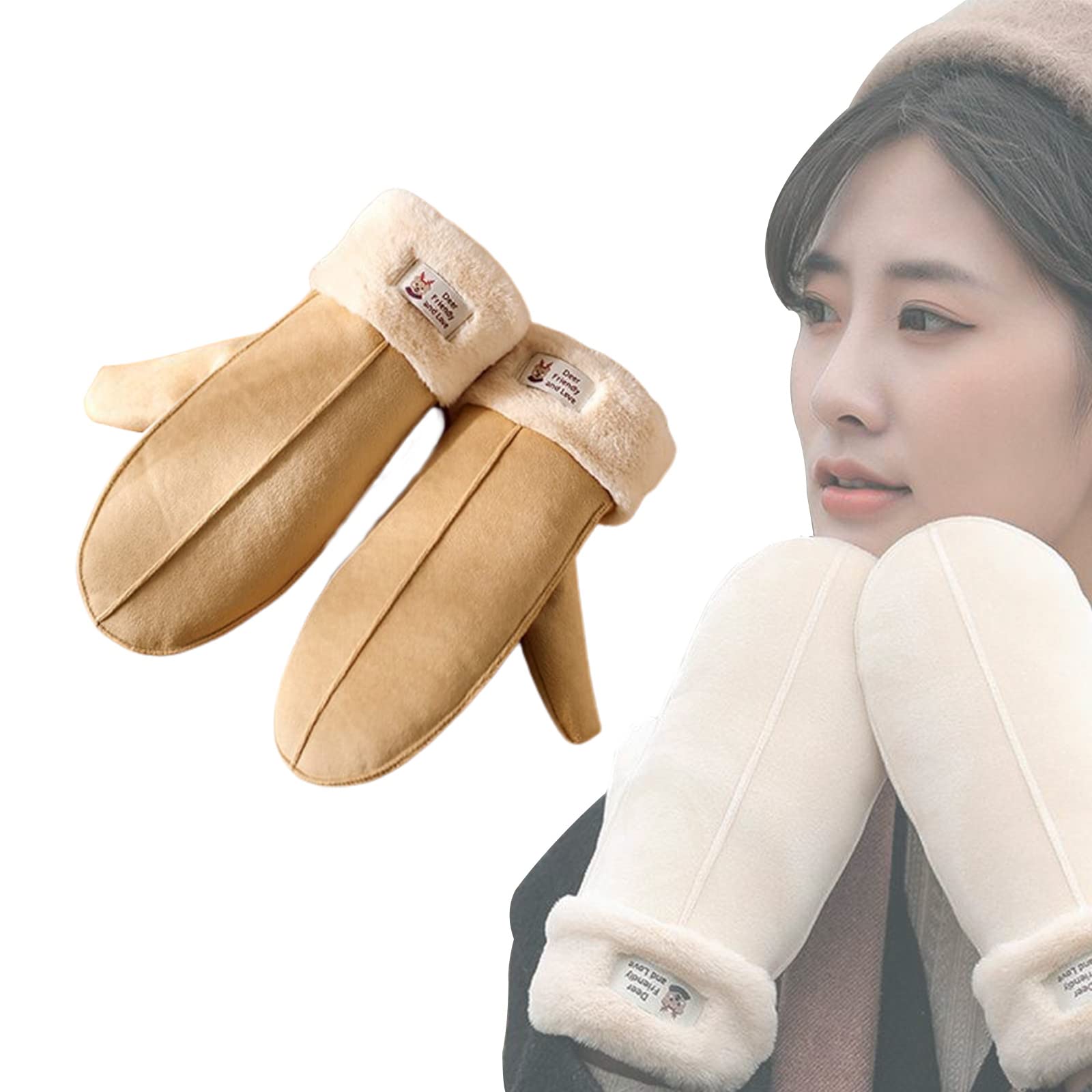 Oos Women's Camel Winter Gloves - Girls Warm Lining Thick Lanyard Mittens, Cozy Keep Warm Lightweight Sheepskin Suede Mittens For Cold Weather (Camel)