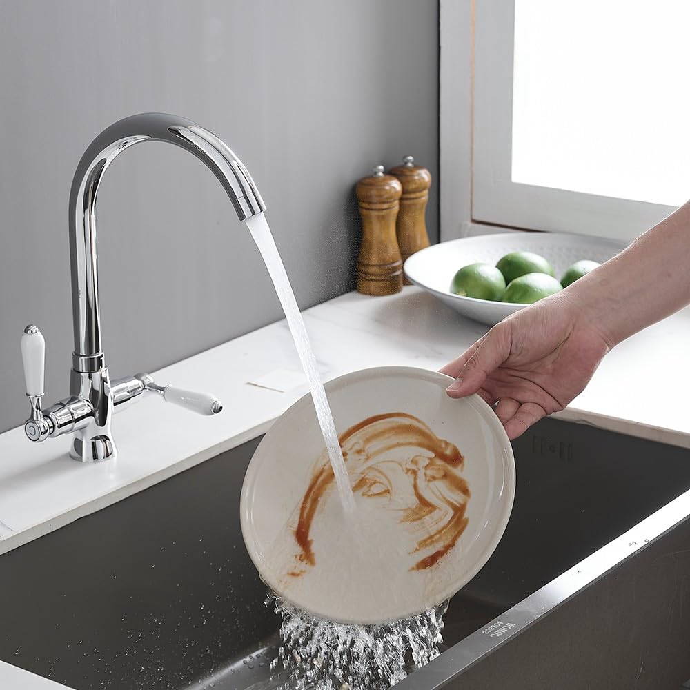 Grifo mezclador cromado para fregadero de cocina con doble palanca de cerámica blanca, estilo victoriano, grifo de cocina monobloc, 1 agujero, elegante grifo giratorio mono tradicional para