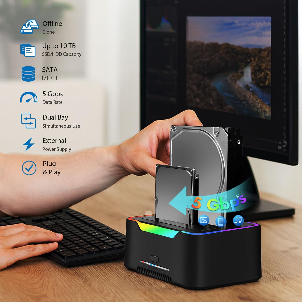 LogiLink Doppia docking station USB-C 3.2 Gen1 a 2 porte, per dischi rigidi da 2,5" e 3,5", SSD/HDD, con clone offline (senza clonare i dischi rigidi PC), 5 Gbps di trasferimento dati