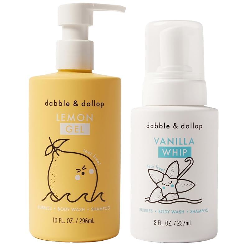 Dabble & Dollop Duo Lemon Meringue para crianças, conjunto com gel e espuma 3 em 1 para cabelo, corpo e banho de espuma, Pacote com 2