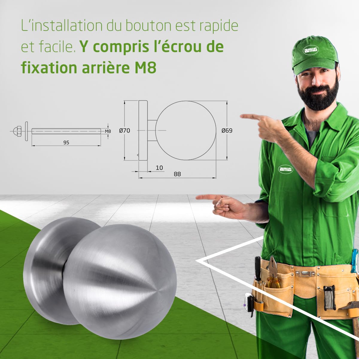 Amig – Bouton de porte fixe pour portes extérieures – Bouton décoratif en acier inoxydable pour installation sur un seul côté – Bouton Ø70 mm base Ø92 mm – Acier inoxydable – Finition argent – Mod. 56