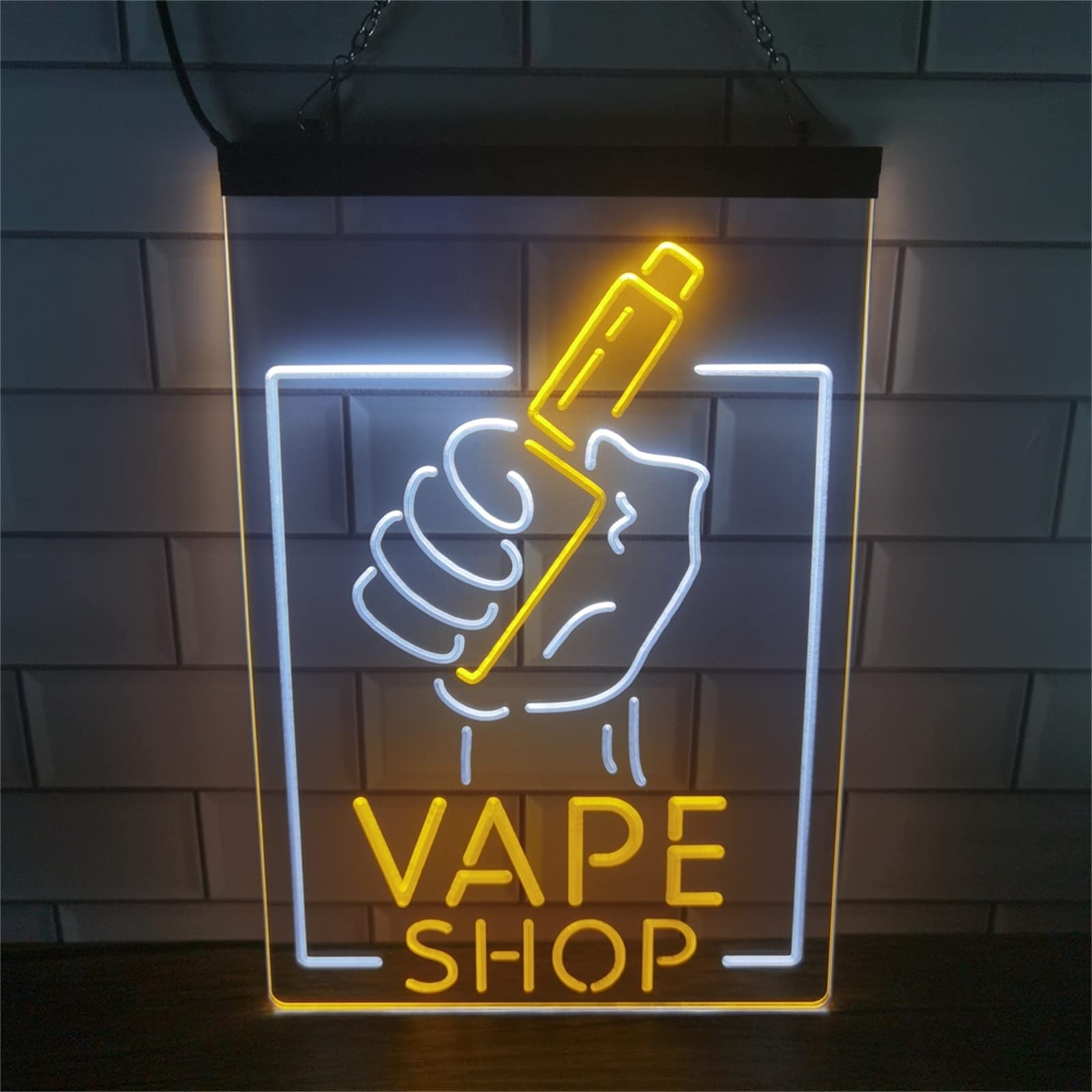 Letrero de neón LED para tienda de vape, luces de neón grabadas en 3D de doble color USB personalizadas, para barra de humo tienda de vape colgante de pared decorativo regulable,White yellow,40x30cm