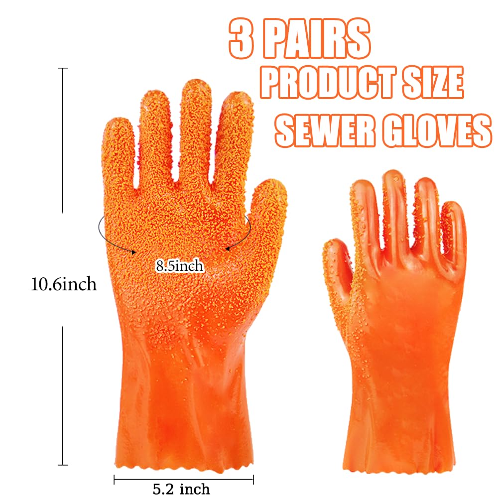 3 pares de guantes de alcantarillado resistentes | Guantes de trabajo resistentes a la abrasión con revestimiento de PVC para limpieza de drenaje y fontanería, resistentes al aceite y a