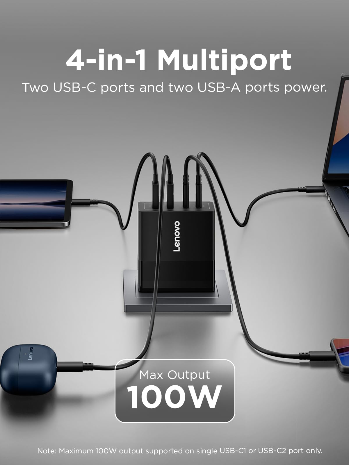 Lenovo Cargador USB C de 100 W, carga rápida multidispositivo de 4 puertos, bloque de alimentación GaN negro con cable de 240 W, para Thinkpad, MacBook, Dell XPS, iPhone, Samsung