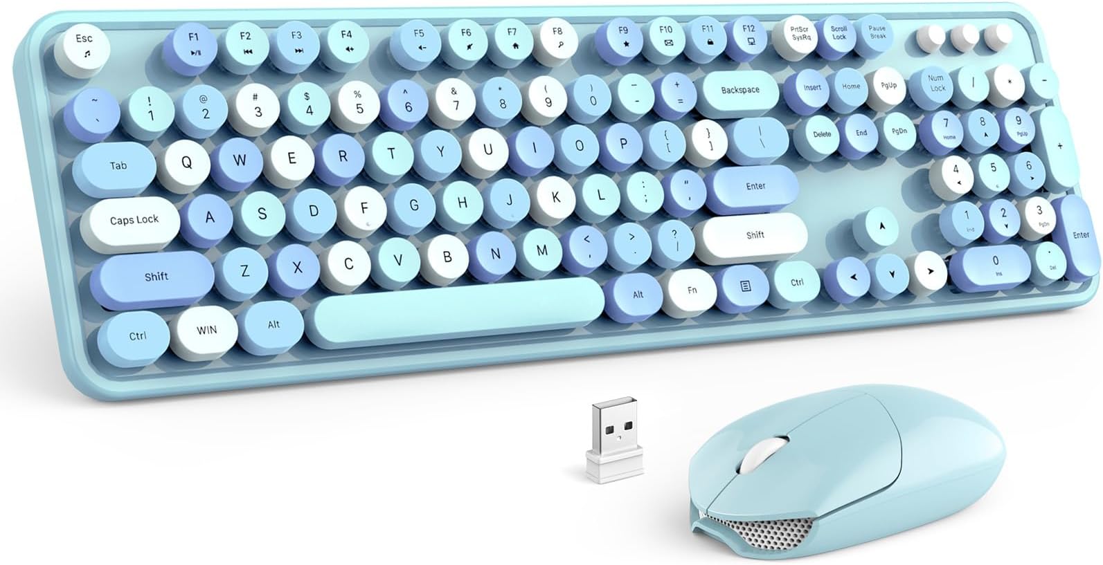Wireless Keyboard and Mouse Combo, MOFii 2.4G Full-Sized Cute Keyboard with Number Pad and Colorful Retro Typewriter Round Keys, for PC Desktop Computer Windows.