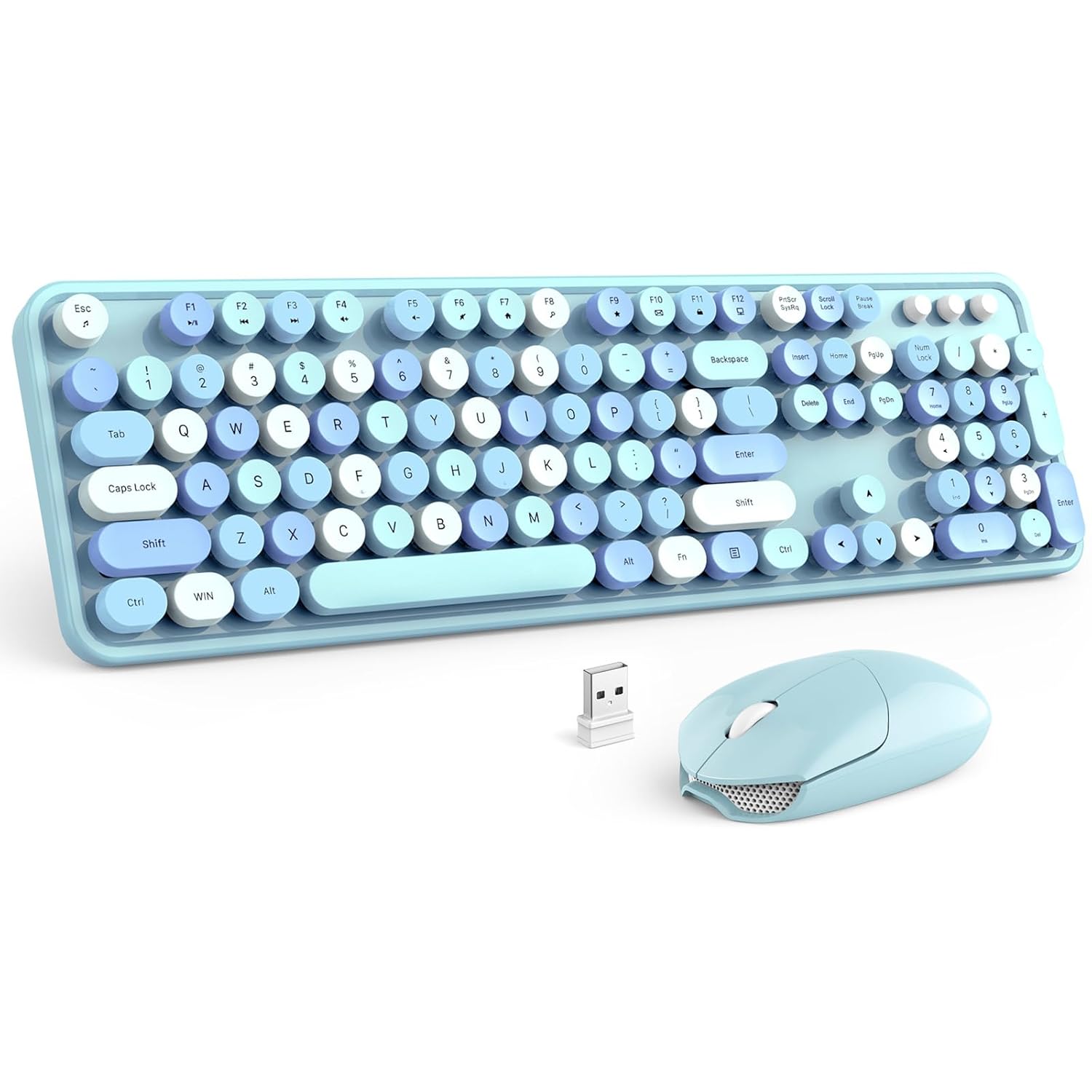 Wireless Keyboard and Mouse Combo, MOFii 2.4G Full-Sized Cute Keyboard with Number Pad and Colorful Retro Typewriter Round Keys, for PC Desktop Computer Windows.