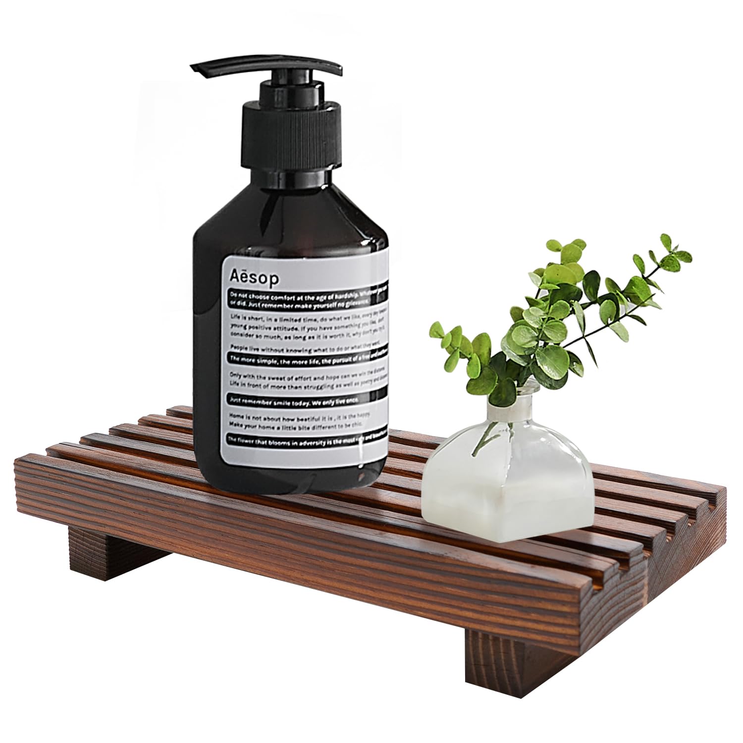 Renawe Small Kitchen Sink Soap Tray for Counter Soap Dish Dispenser Holder Wooden Risers Stand for Bathroom Decor