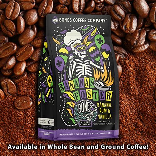 Bones Coffee Company Bananas Foster Flavored Ground Coffee Beans Banana, Rum & Vanilla Flavor | 12 Oz Flavored Coffee Gifts Low Acid Medium Roast Flavored Coffee Beverages (Ground) #TOP3
