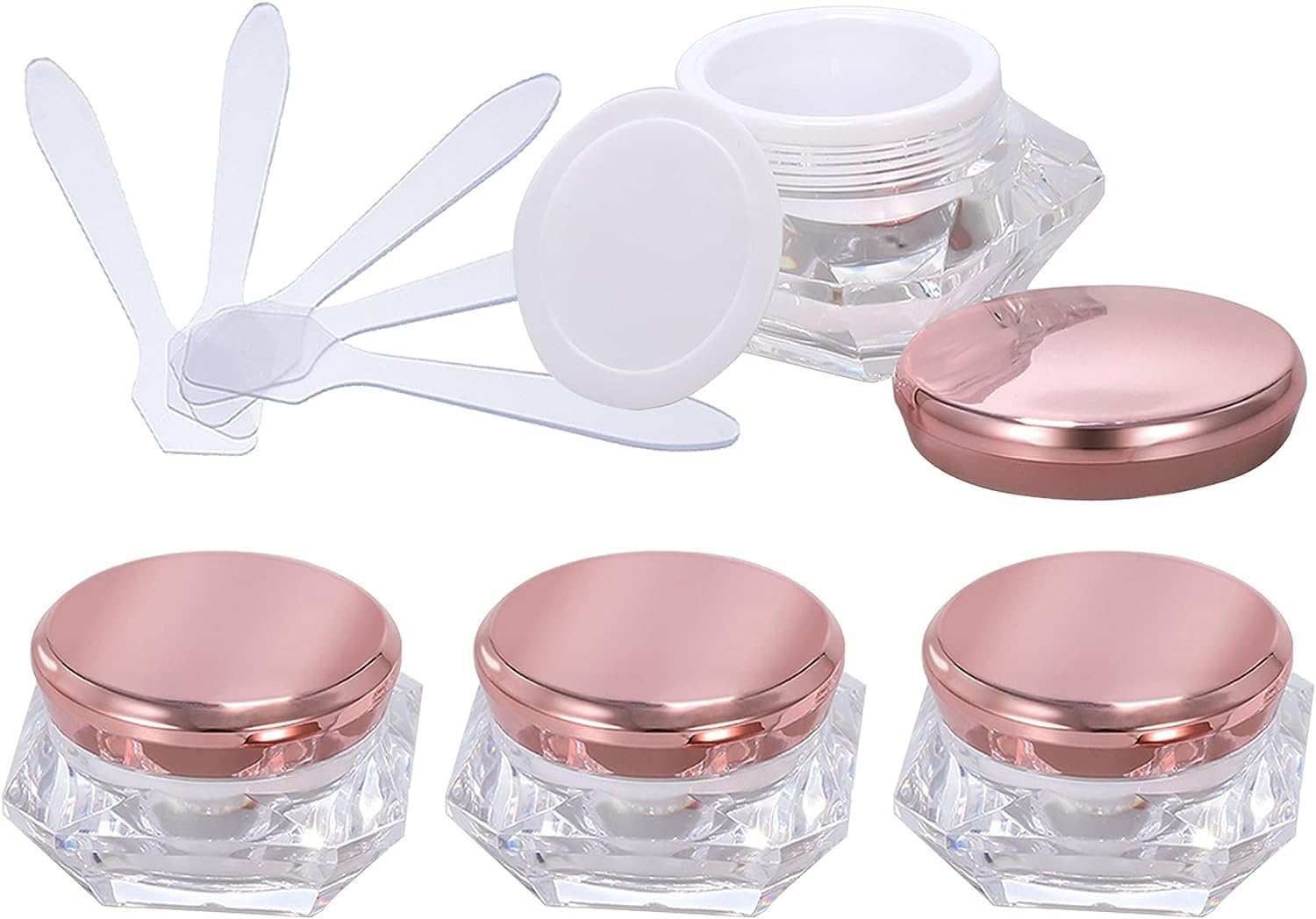 FLYIODFCXV cosmetic jar, Pack of 4, Empty 10 ml Transparent Acrylic Diamond Shape Cosmetic Container with Pink Lids + x Spoon(Pink,30ml)