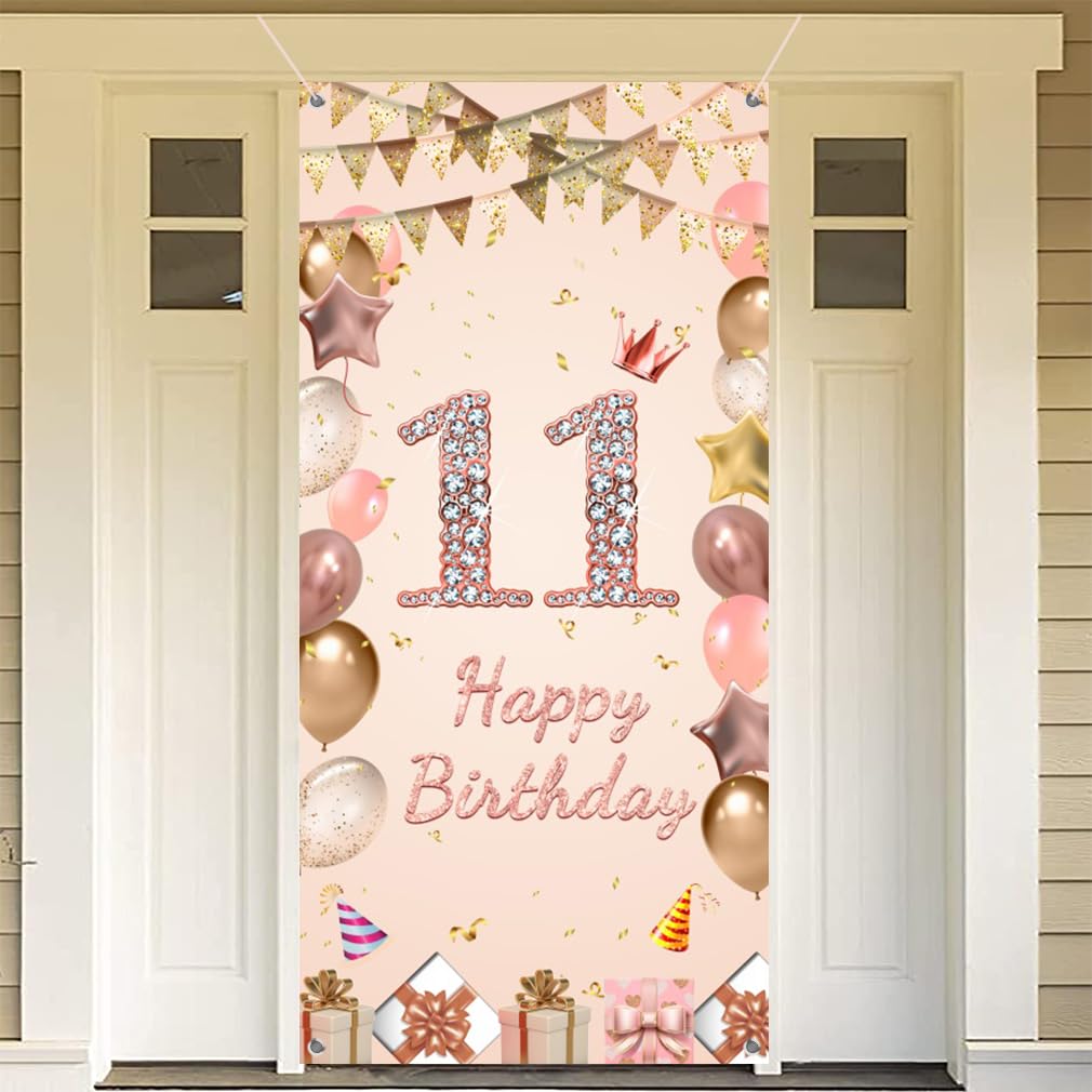 Photo 1 of 11th Birthday Decoration for Girls Happy 11th Birthday Poster Rose Pink Fabric Sign Wall/Door Banner Party Welcome Sign, 35.4"x70"