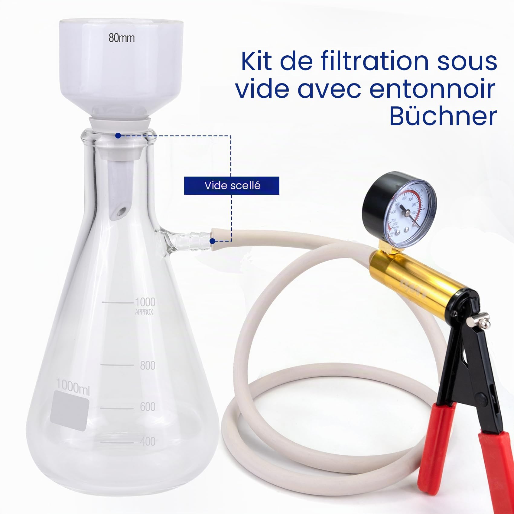 Kit de Filtration sous vide Buchner Funnel 1000mL, Pompe à Vide Manuelle, entonnoir Buchner de 80 mm, 100 feuilles de papier filtre, tuyau en caoutchouc et bouchons