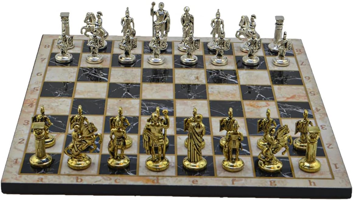 Metal Chess Set for Adults Medium Roman Figures,Handmade Pieces and Different Design Wooden Chess Board (Bej)