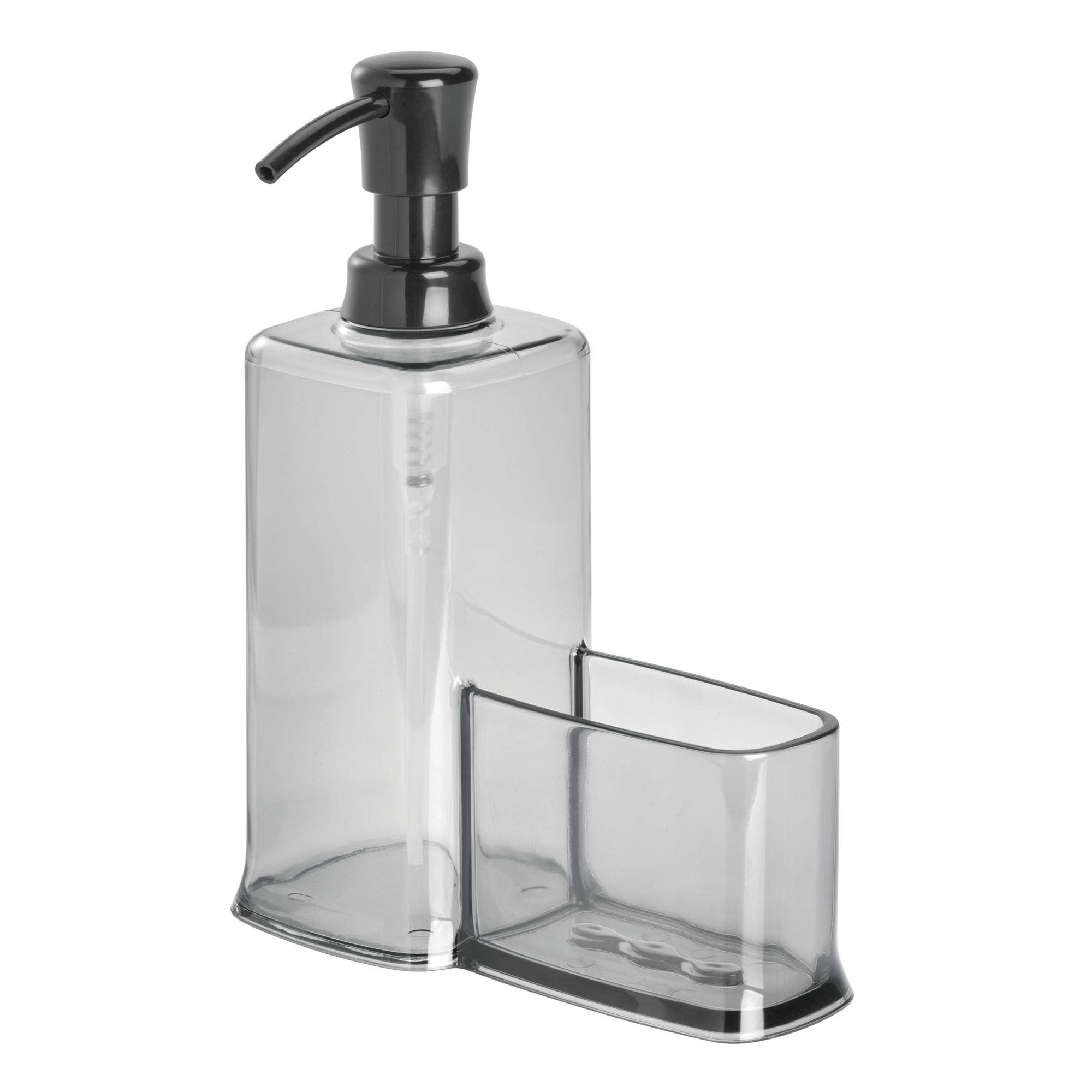 iDesign Dispensador líquido con estropajero, Organizador de Fregadero de plástico, Moderno dosificador de jabón con Porta estropajos, Gris, 16,5 cm x 7,9 cm x 21,0 cm