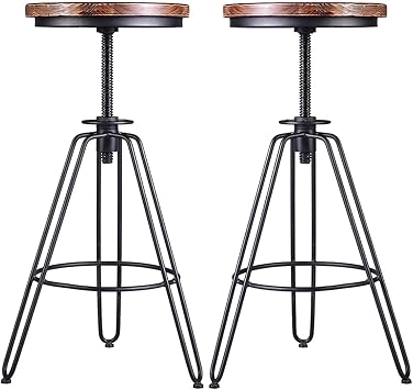 Industrial Bar Stool, Set of 2, Wooden Chair Metal Frame Swivel Barstools Height Adjustable Breakfast Bar Table and Stools Set for Kitchen