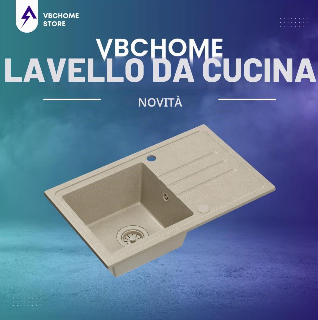 VBChome Lavello da Incasso in Granito Beige 70 x 44 cm – Lavello Singolo Reversibile con Rubinetto e Sifone, Superficie Screziata, per Base da 50 cm