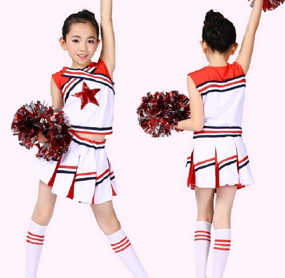 LOLANTA Girls' Cheerleading Costumes with Pompoms and Socks, Kids Halloween Fancy Dress Up, Cheerleader Outfit, Red, 4-5 Years, 110 - Image 2